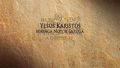 Text "Yesus Kristus, Maraga, Norot Saruga" on a textured brown stone background.