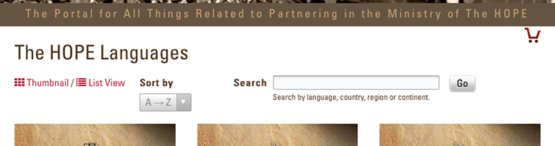 Webpage listing "The HOPE" video translations in multiple languages with search and filter options.